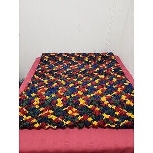 Vintage Hand Crocheted Zigzag  Afghan 56 X 56 Acrylic Yarn Rich Jewel Tones EUC